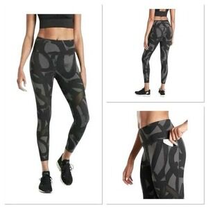 Athleta Tenacity 7/8 Tight‎ Women's Leggings Black Grey Brushstroke Print Size L